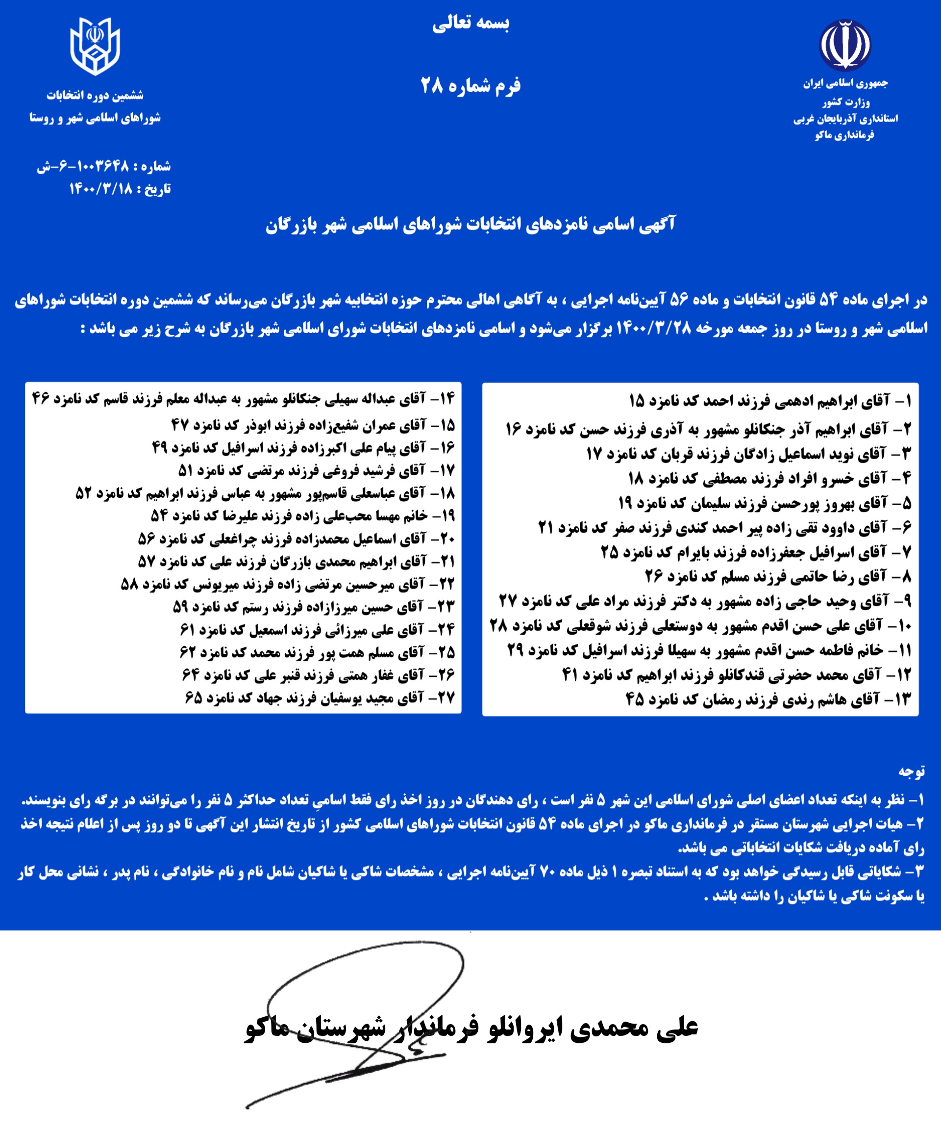 آگهی اسامی نامزدهای انتخاباتی شوراهای اسلامی شهر بازرگان
