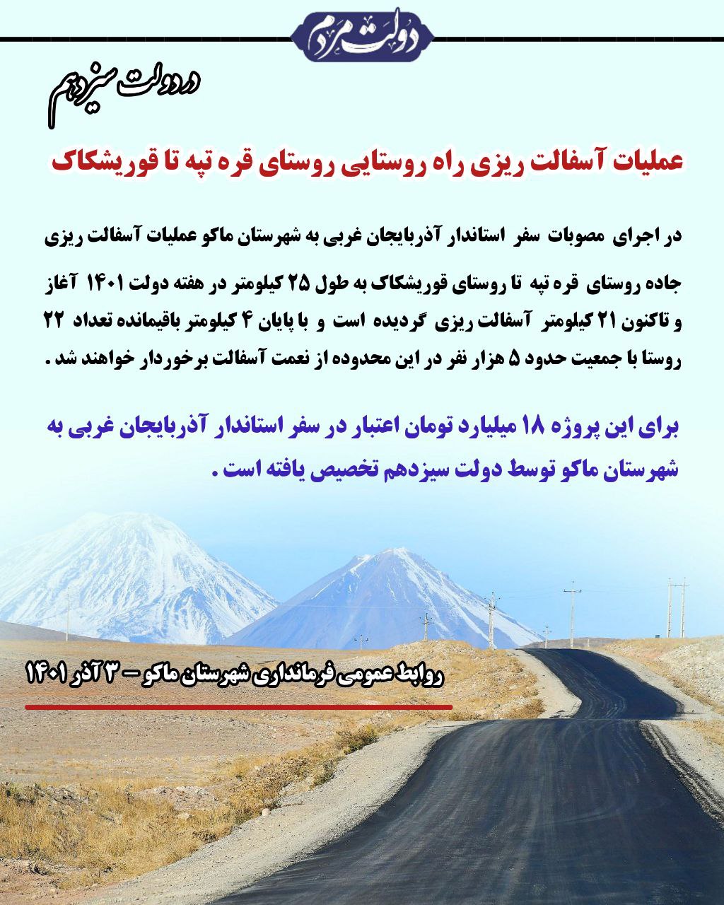 عملیات آسفالت ریزی راه روستایی روستای قره تپه تا روستای قوریشکاک در دولت سیزدهم در حال اجرا می باشد
